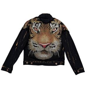 Majestik Y2K Beaded Tiger Embellished Distressed Denim Jacket